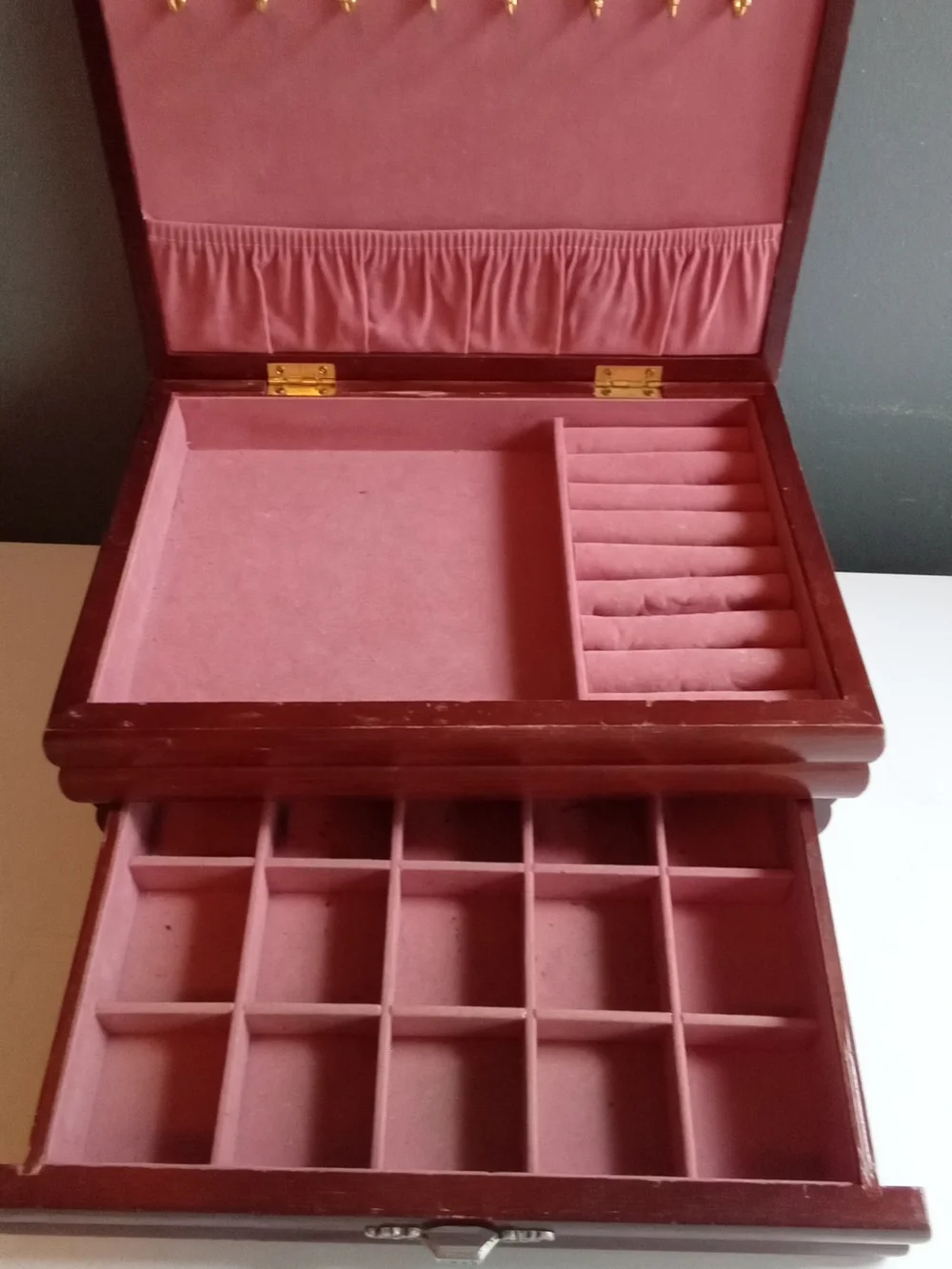 Vintage Wooden Jewelry Box Floral Tapestry Lid Pink Velvet Lining Drawer Storage